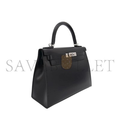 HERMÈS KELLY 28 SELLIER BLACK BOX CALF LEATHER PALLADIUM HARDWARE (28*22*10cm) 